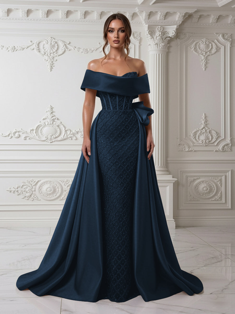 Sheath Off Shoulder Sequin Tulle Satin Evening Dresses with Sweep Train