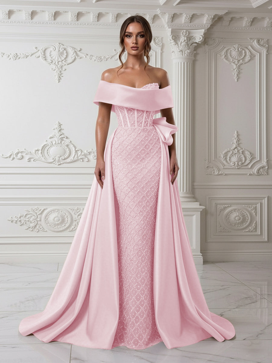 Sheath Off Shoulder Sequin Tulle Satin Evening Dresses with Sweep Train