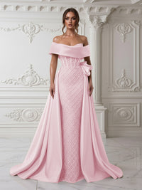 Sheath Off Shoulder Sequin Tulle Satin Evening Dresses with Sweep Train