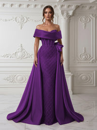 Sheath Off Shoulder Sequin Tulle Satin Evening Dresses with Sweep Train