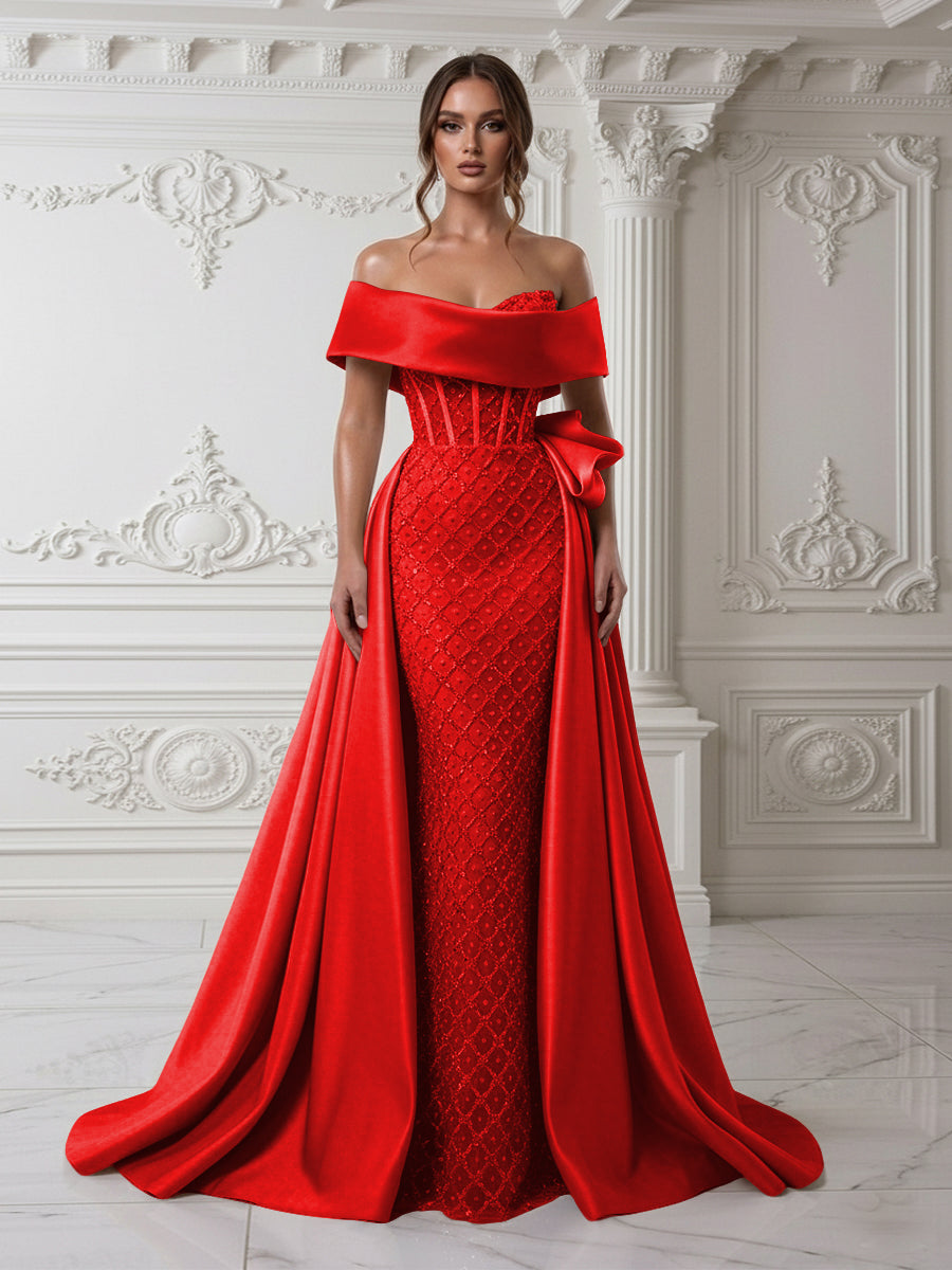 Sheath Off Shoulder Sequin Tulle Satin Evening Dresses with Sweep Train