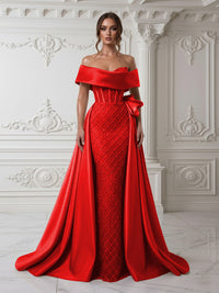 Sheath Off Shoulder Sequin Tulle Satin Evening Dresses with Sweep Train