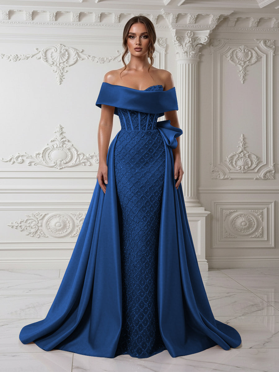 Sheath Off Shoulder Sequin Tulle Satin Evening Dresses with Sweep Train