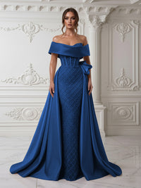 Sheath Off Shoulder Sequin Tulle Satin Evening Dresses with Sweep Train