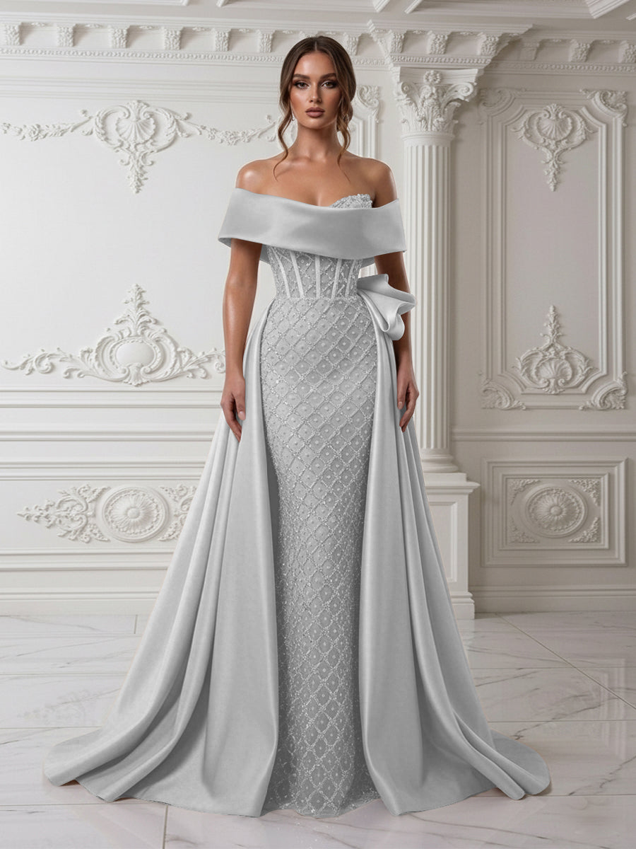 Sheath Off Shoulder Sequin Tulle Satin Evening Dresses with Sweep Train