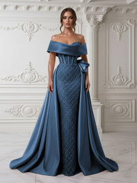 Sheath Off Shoulder Sequin Tulle Satin Evening Dresses with Sweep Train