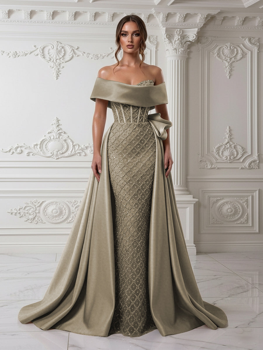 Sheath Off Shoulder Sequin Tulle Satin Evening Dresses with Sweep Train