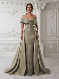 Sheath Off Shoulder Sequin Tulle Satin Evening Dresses with Sweep Train