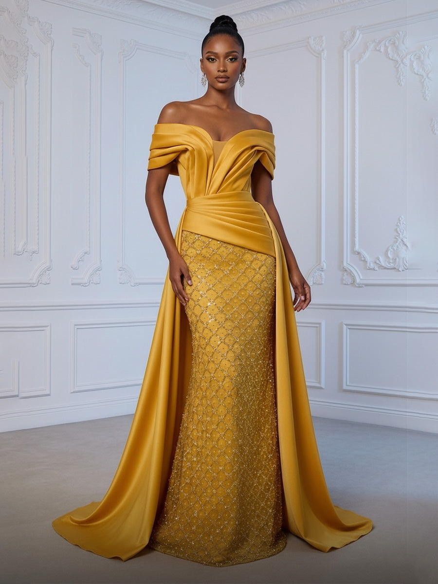 Sheath Off Shoulder Sequin Tulle Satin Ruched Waist Evening Dresses with Sweep Train