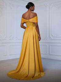 Sheath Off Shoulder Sequin Tulle Satin Ruched Waist Evening Dresses with Sweep Train