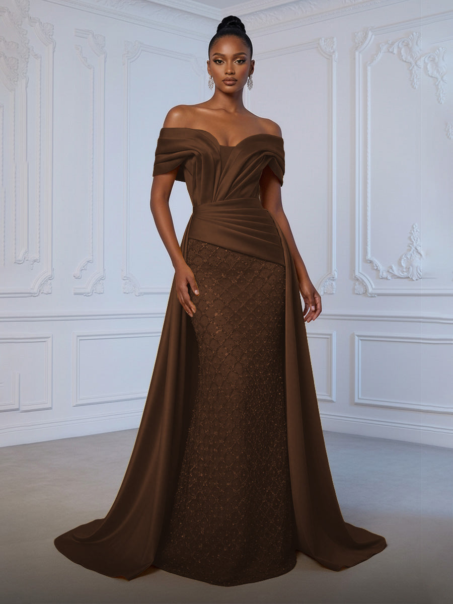 Sheath Off Shoulder Sequin Tulle Satin Ruched Waist Evening Dresses with Sweep Train