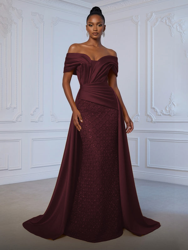 Sheath Off Shoulder Sequin Tulle Satin Ruched Waist Evening Dresses with Sweep Train