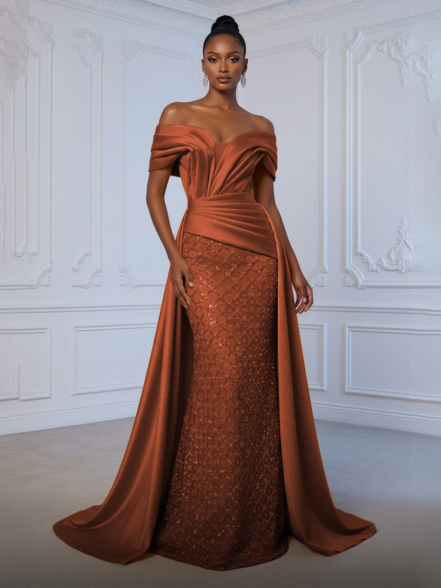 Sheath Off Shoulder Sequin Tulle Satin Ruched Waist Evening Dresses with Sweep Train