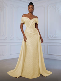 Sheath Off Shoulder Sequin Tulle Satin Ruched Waist Evening Dresses with Sweep Train