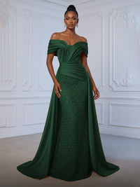 Sheath Off Shoulder Sequin Tulle Satin Ruched Waist Evening Dresses with Sweep Train