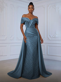 Sheath Off Shoulder Sequin Tulle Satin Ruched Waist Evening Dresses with Sweep Train