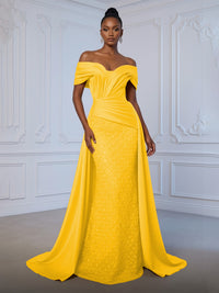 Sheath Off Shoulder Sequin Tulle Satin Ruched Waist Evening Dresses with Sweep Train