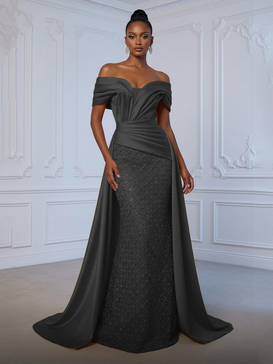 Sheath Off Shoulder Sequin Tulle Satin Ruched Waist Evening Dresses with Sweep Train