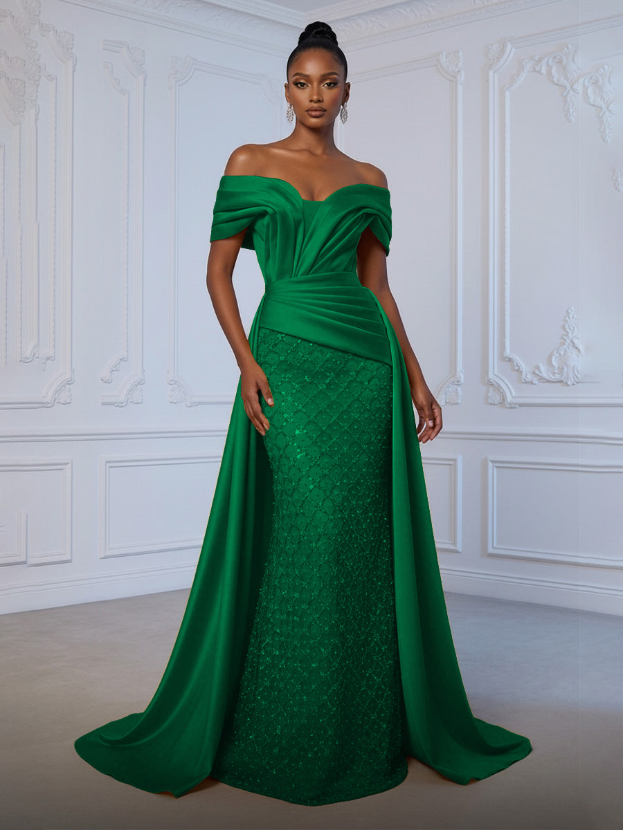 Sheath Off Shoulder Sequin Tulle Satin Ruched Waist Evening Dresses with Sweep Train