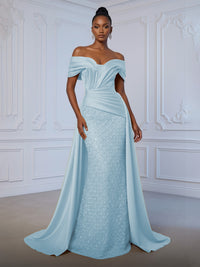 Sheath Off Shoulder Sequin Tulle Satin Ruched Waist Evening Dresses with Sweep Train