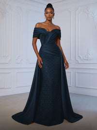 Sheath Off Shoulder Sequin Tulle Satin Ruched Waist Evening Dresses with Sweep Train