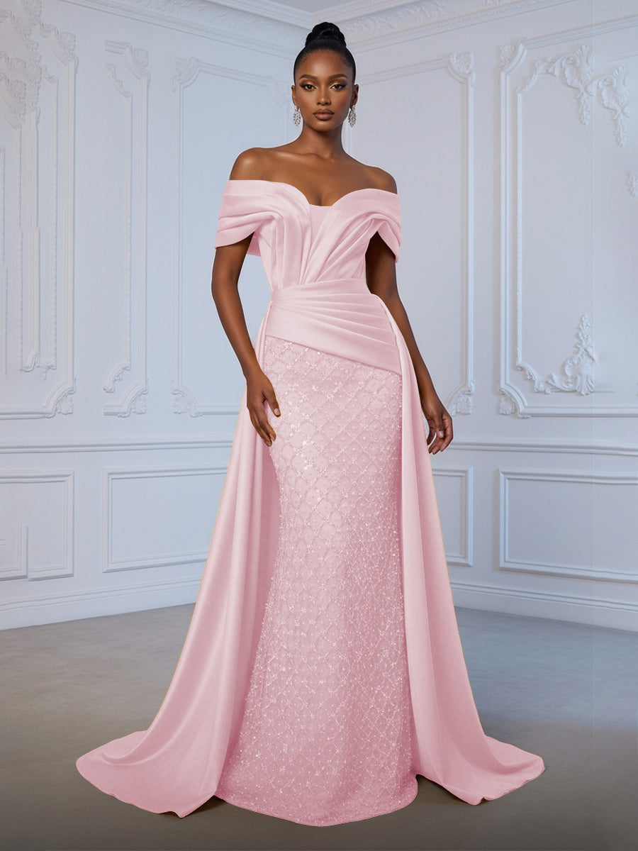 Sheath Off Shoulder Sequin Tulle Satin Ruched Waist Evening Dresses with Sweep Train