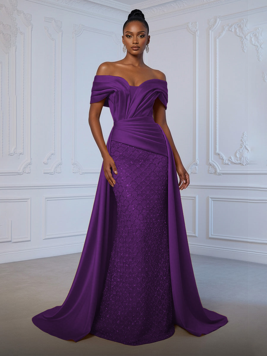 Sheath Off Shoulder Sequin Tulle Satin Ruched Waist Evening Dresses with Sweep Train