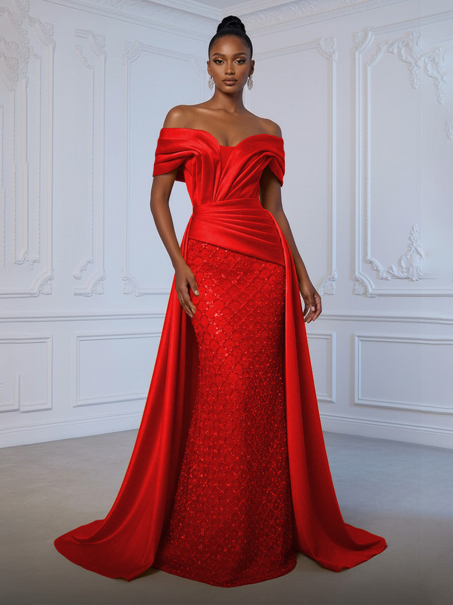 Sheath Off Shoulder Sequin Tulle Satin Ruched Waist Evening Dresses with Sweep Train