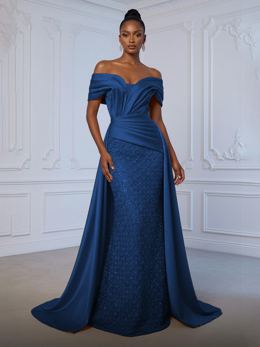 Sheath Off Shoulder Sequin Tulle Satin Ruched Waist Evening Dresses with Sweep Train