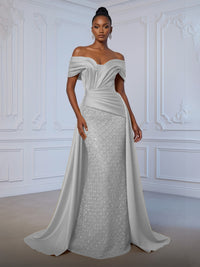 Sheath Off Shoulder Sequin Tulle Satin Ruched Waist Evening Dresses with Sweep Train