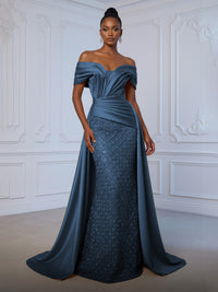 Sheath Off Shoulder Sequin Tulle Satin Ruched Waist Evening Dresses with Sweep Train