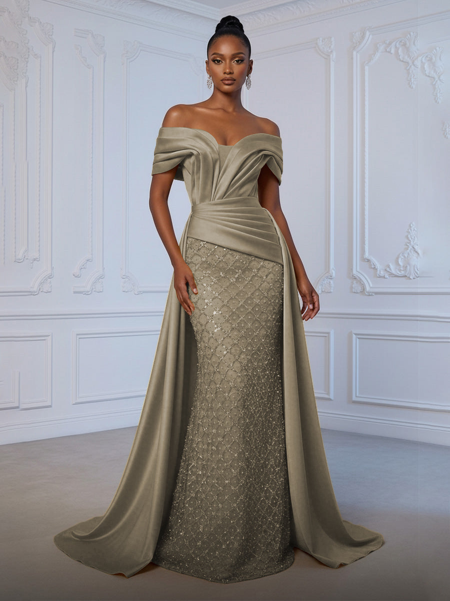 Sheath Off Shoulder Sequin Tulle Satin Ruched Waist Evening Dresses with Sweep Train
