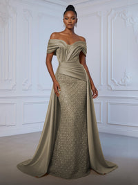 Sheath Off Shoulder Sequin Tulle Satin Ruched Waist Evening Dresses with Sweep Train