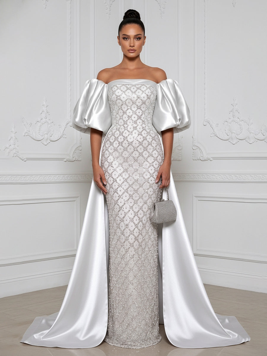 Sheath Off Shoulder Sequin Satin Evening Dresses with Sweep Train & 3/4 Puff Sleeves