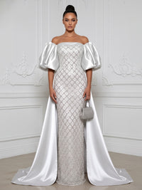 Sheath Off Shoulder Sequin Satin Evening Dresses with Sweep Train & 3/4 Puff Sleeves