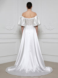 Sheath Off Shoulder Sequin Satin Evening Dresses with Sweep Train & 3/4 Puff Sleeves