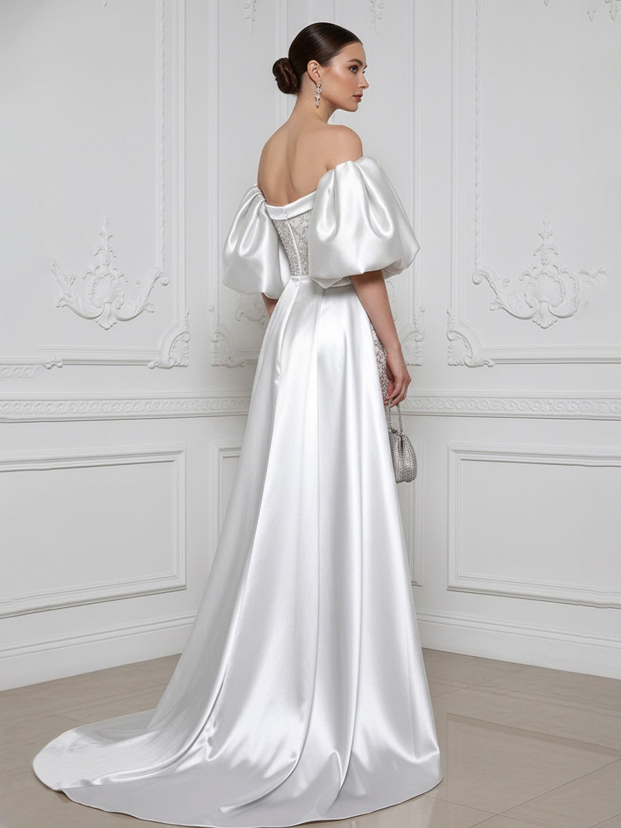 Sheath Off Shoulder Sequin Satin Evening Dresses with Sweep Train & 3/4 Puff Sleeves
