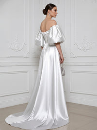 Sheath Off Shoulder Sequin Satin Evening Dresses with Sweep Train & 3/4 Puff Sleeves
