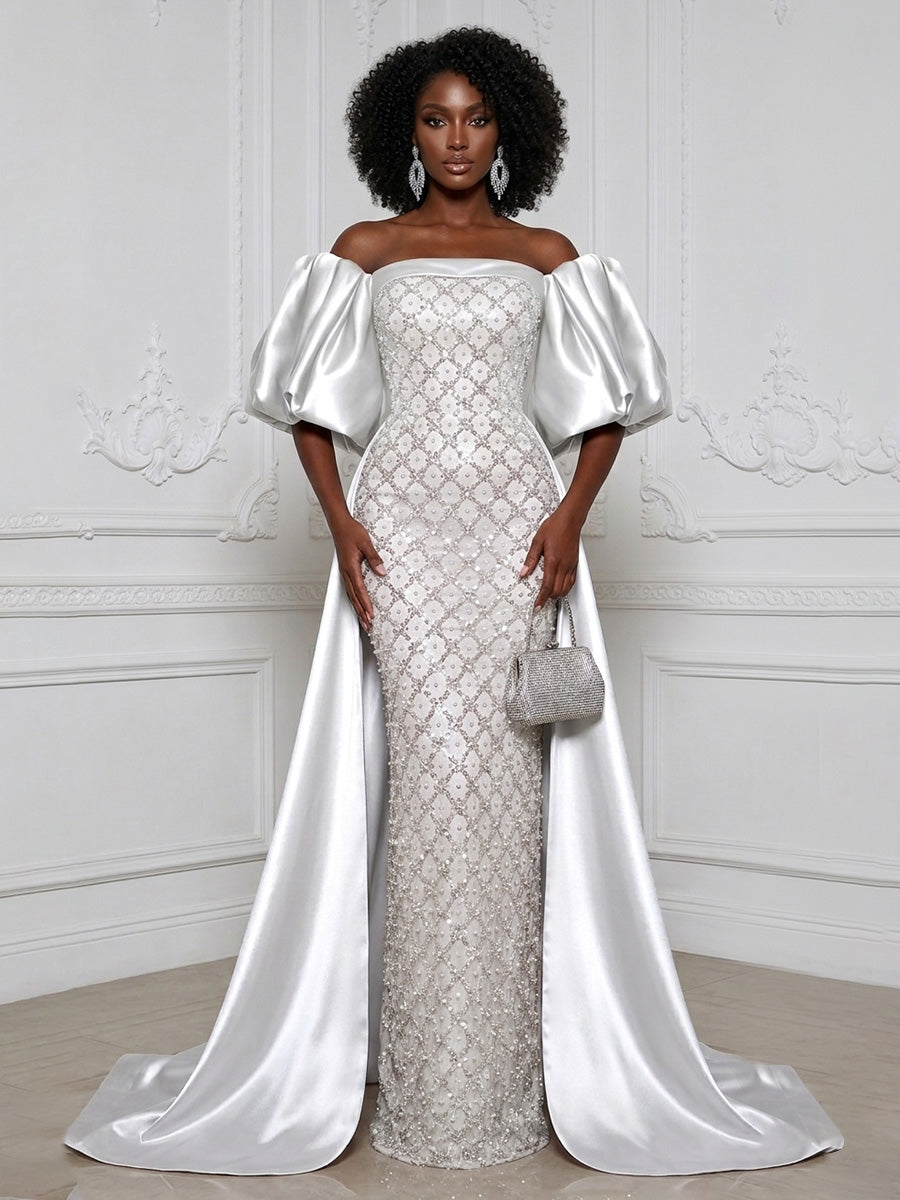 Sheath Off Shoulder Sequin Satin Evening Dresses with Sweep Train & 3/4 Puff Sleeves