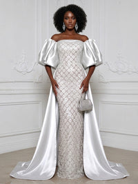 Sheath Off Shoulder Sequin Satin Evening Dresses with Sweep Train & 3/4 Puff Sleeves