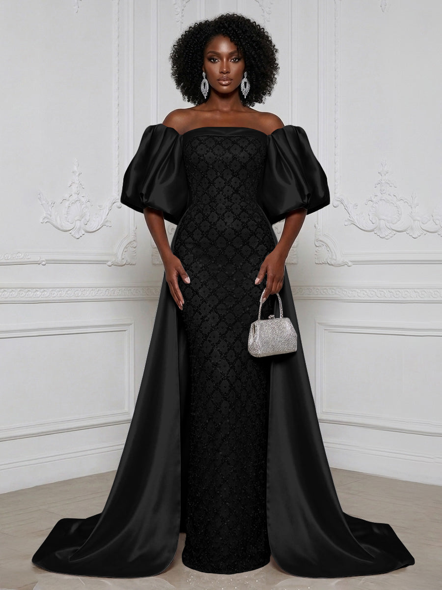 Sheath Off Shoulder Sequin Satin Evening Dresses with Sweep Train & 3/4 Puff Sleeves