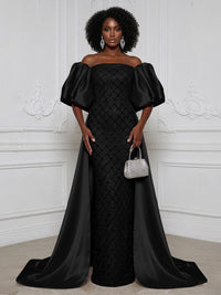 Sheath Off Shoulder Sequin Satin Evening Dresses with Sweep Train & 3/4 Puff Sleeves