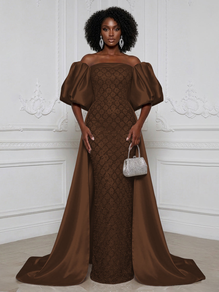 Sheath Off Shoulder Sequin Satin Evening Dresses with Sweep Train & 3/4 Puff Sleeves