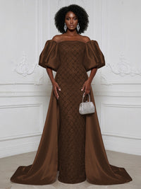 Sheath Off Shoulder Sequin Satin Evening Dresses with Sweep Train & 3/4 Puff Sleeves