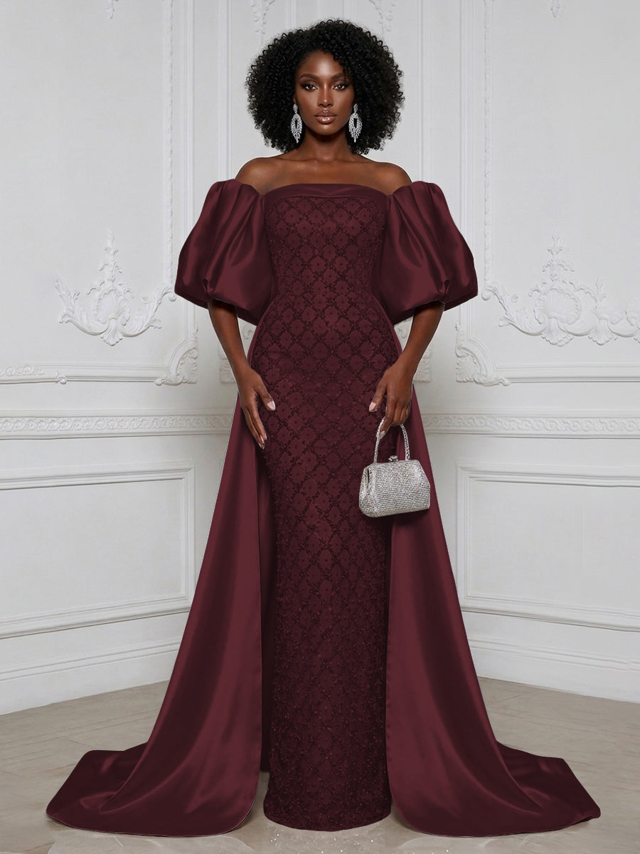 Sheath Off Shoulder Sequin Satin Evening Dresses with Sweep Train & 3/4 Puff Sleeves