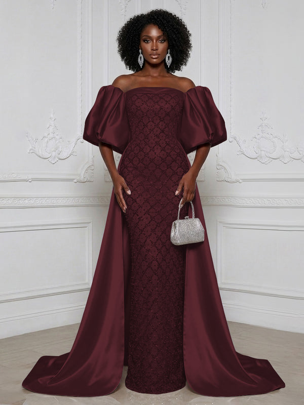 Sheath Off Shoulder Sequin Satin Evening Dresses with Sweep Train & 3/4 Puff Sleeves