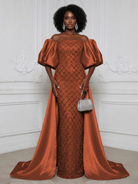 Sheath Off Shoulder Sequin Satin Evening Dresses with Sweep Train & 3/4 Puff Sleeves