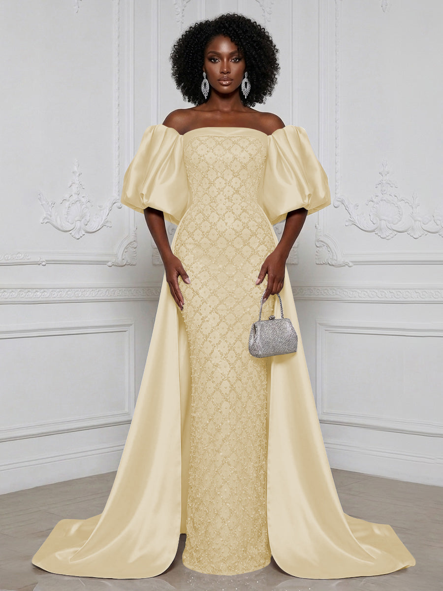 Sheath Off Shoulder Sequin Satin Evening Dresses with Sweep Train & 3/4 Puff Sleeves