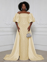 Sheath Off Shoulder Sequin Satin Evening Dresses with Sweep Train & 3/4 Puff Sleeves
