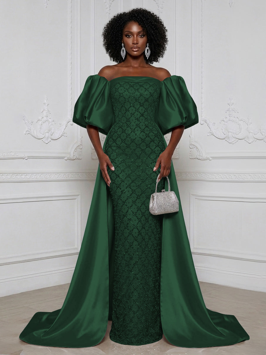Sheath Off Shoulder Sequin Satin Evening Dresses with Sweep Train & 3/4 Puff Sleeves